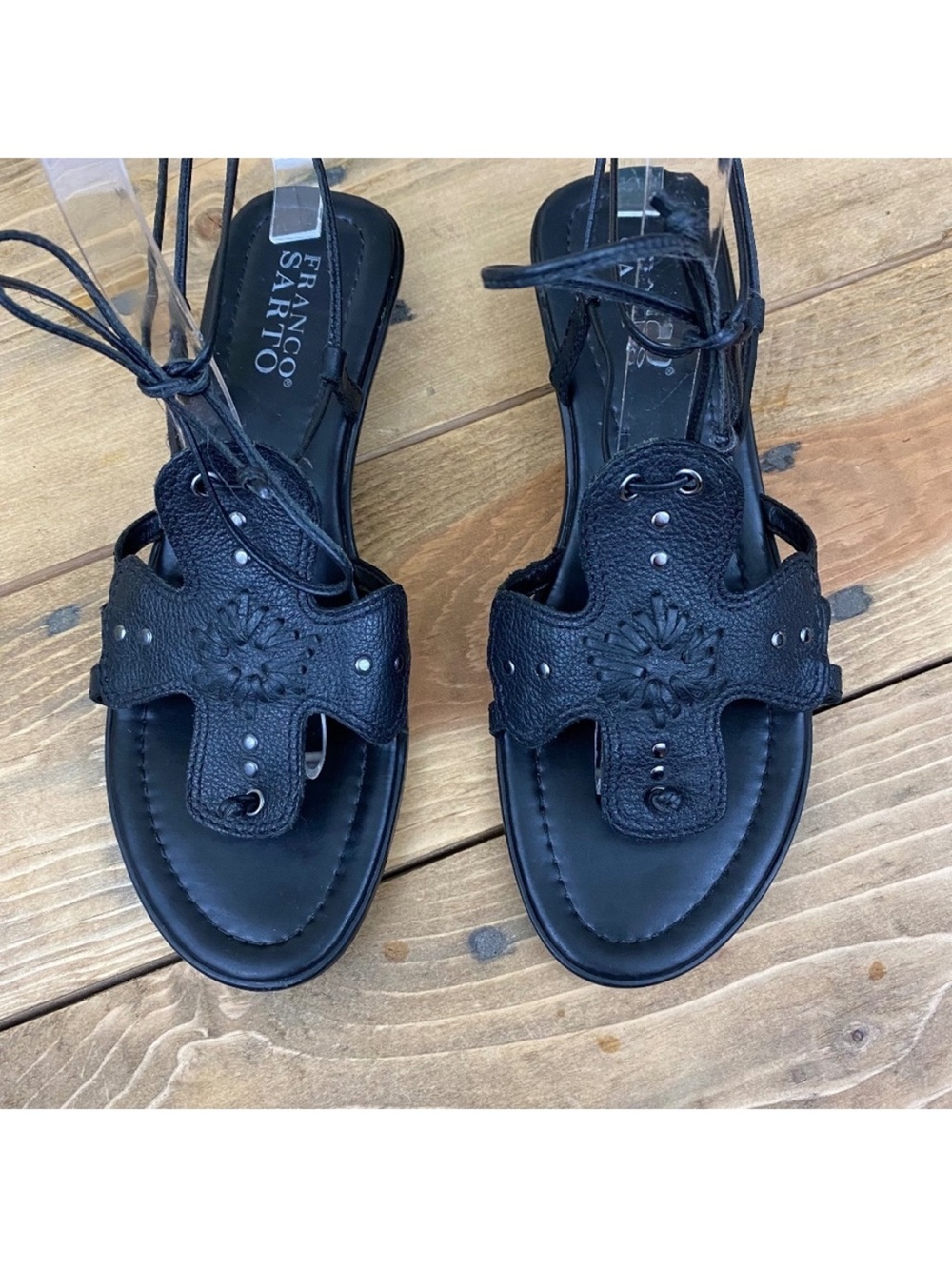 Franco Sarto tie up black leather 3/4 wedge low heel sandals with rivets studs